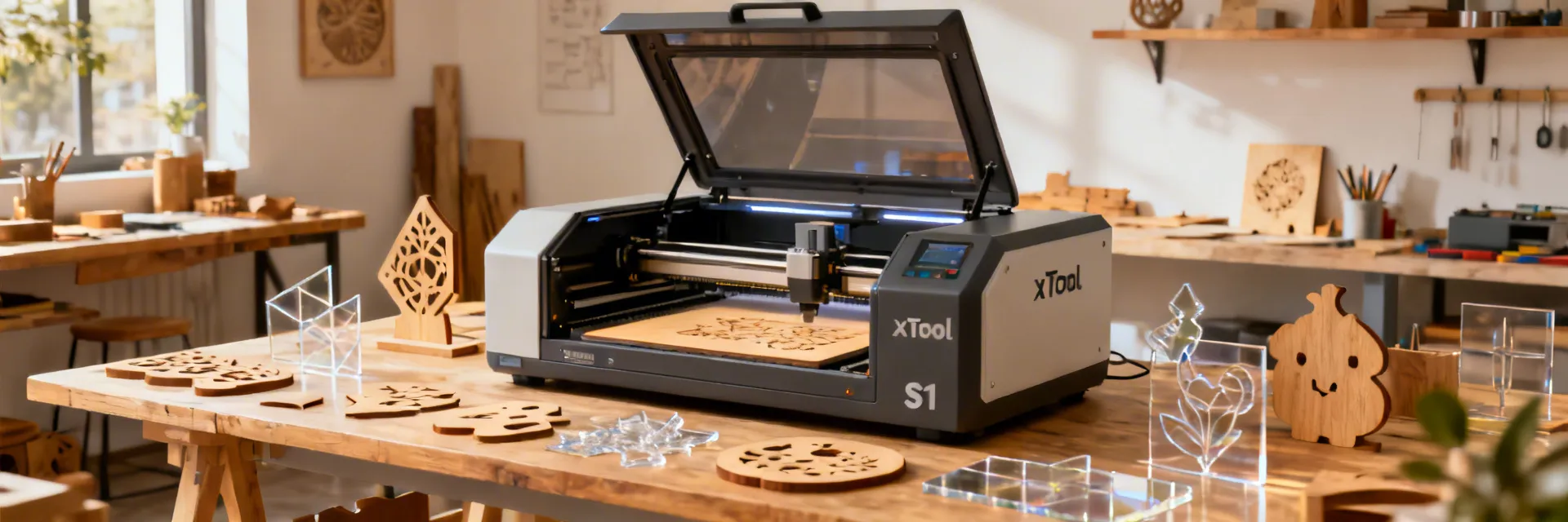 xTool S1 enclosed laser engraver in a modern creative workshop
